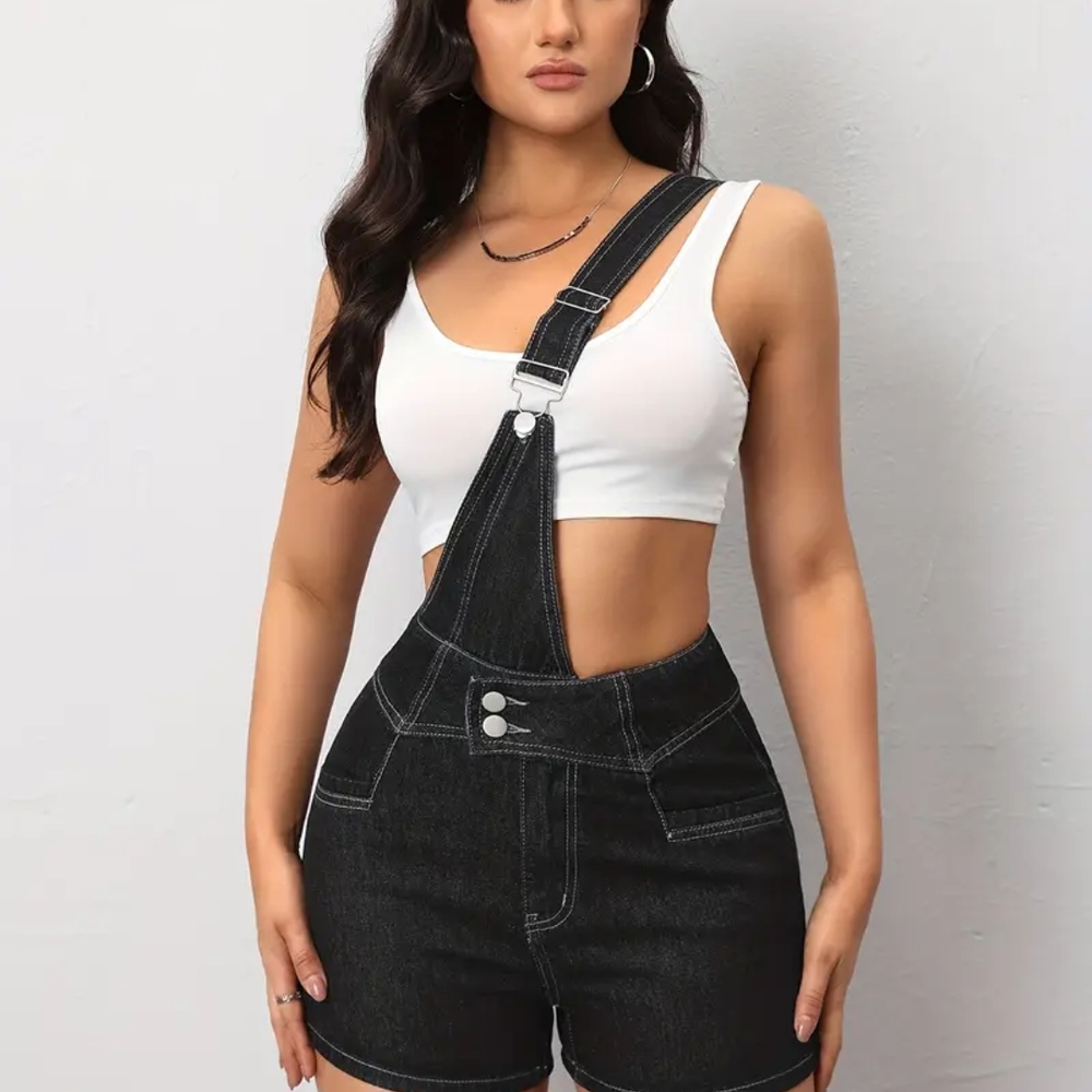 Size S Women's Asymmetric One-Shoulder Crossbody Strap Denim Overalls Shorts